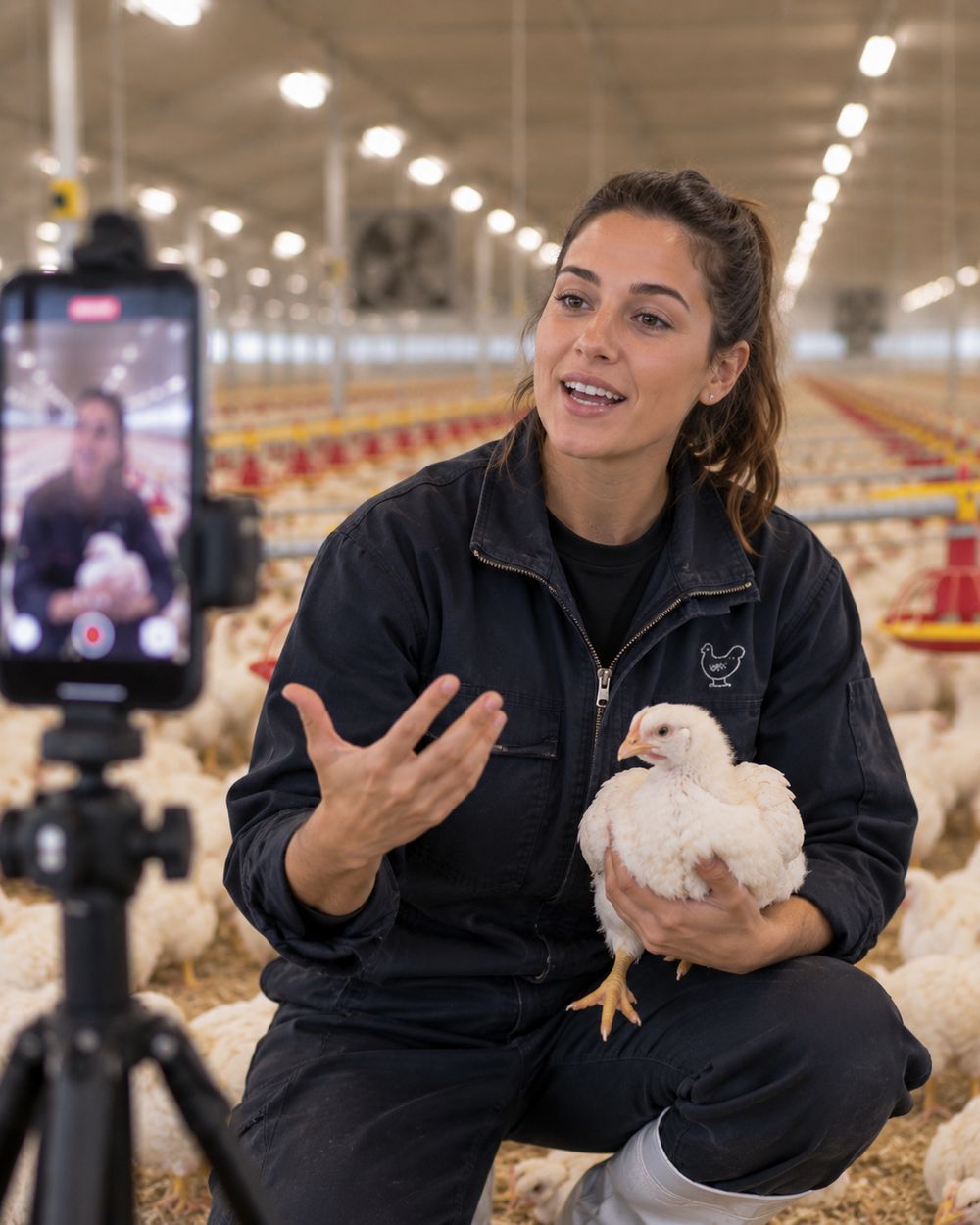 Técnica grabando un vídeo con un pollo en brazos dentro de una nave avícola