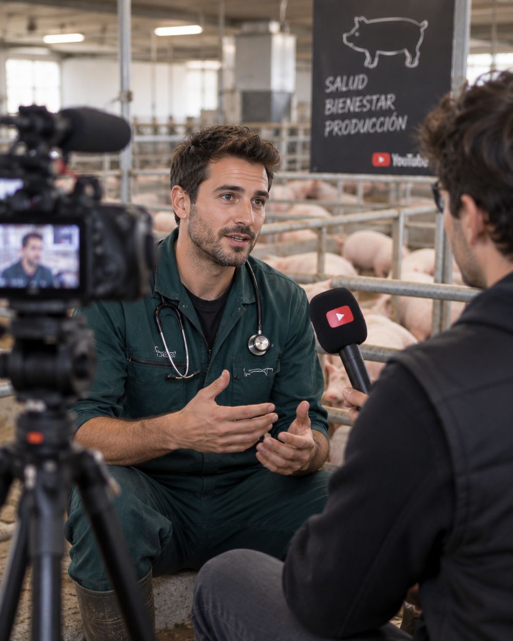 Veterinario dando una entrevista en vídeo en una granja de porcino